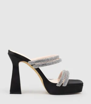 ISLA110 Diamante Mulitband Platform Slide in Black Satin