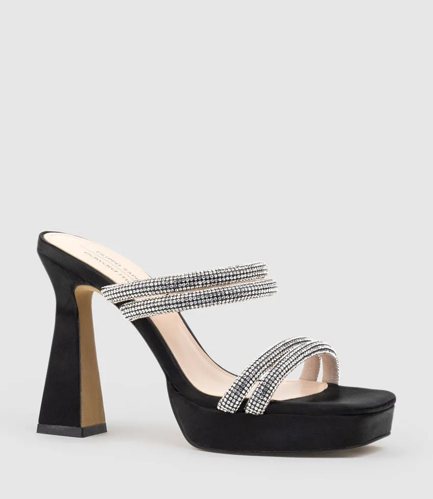 ISLA110 Diamante Mulitband Platform Slide in Black Satin