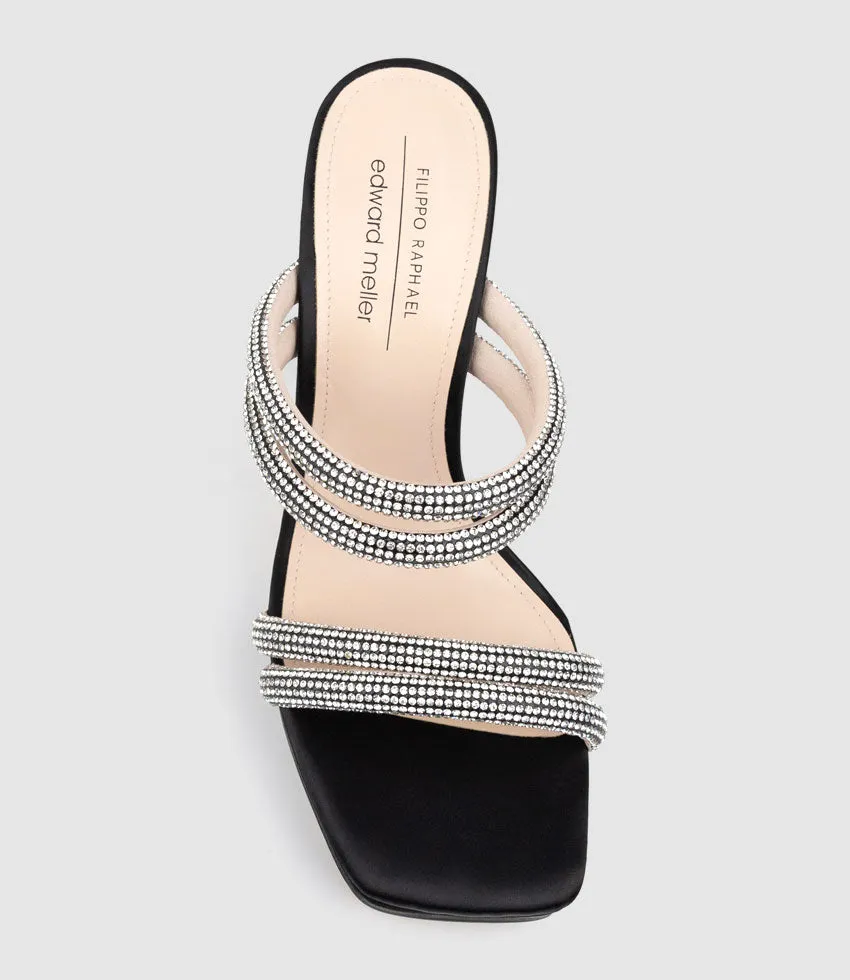 ISLA110 Diamante Mulitband Platform Slide in Black Satin