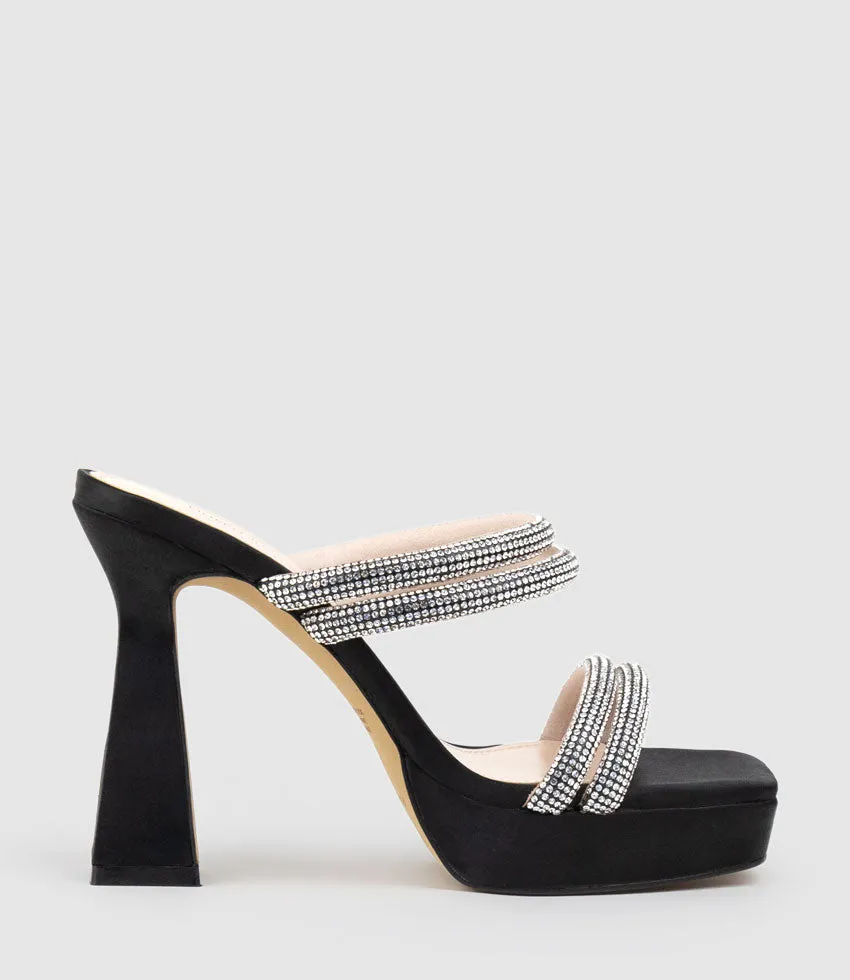 ISLA110 Diamante Mulitband Platform Slide in Black Satin