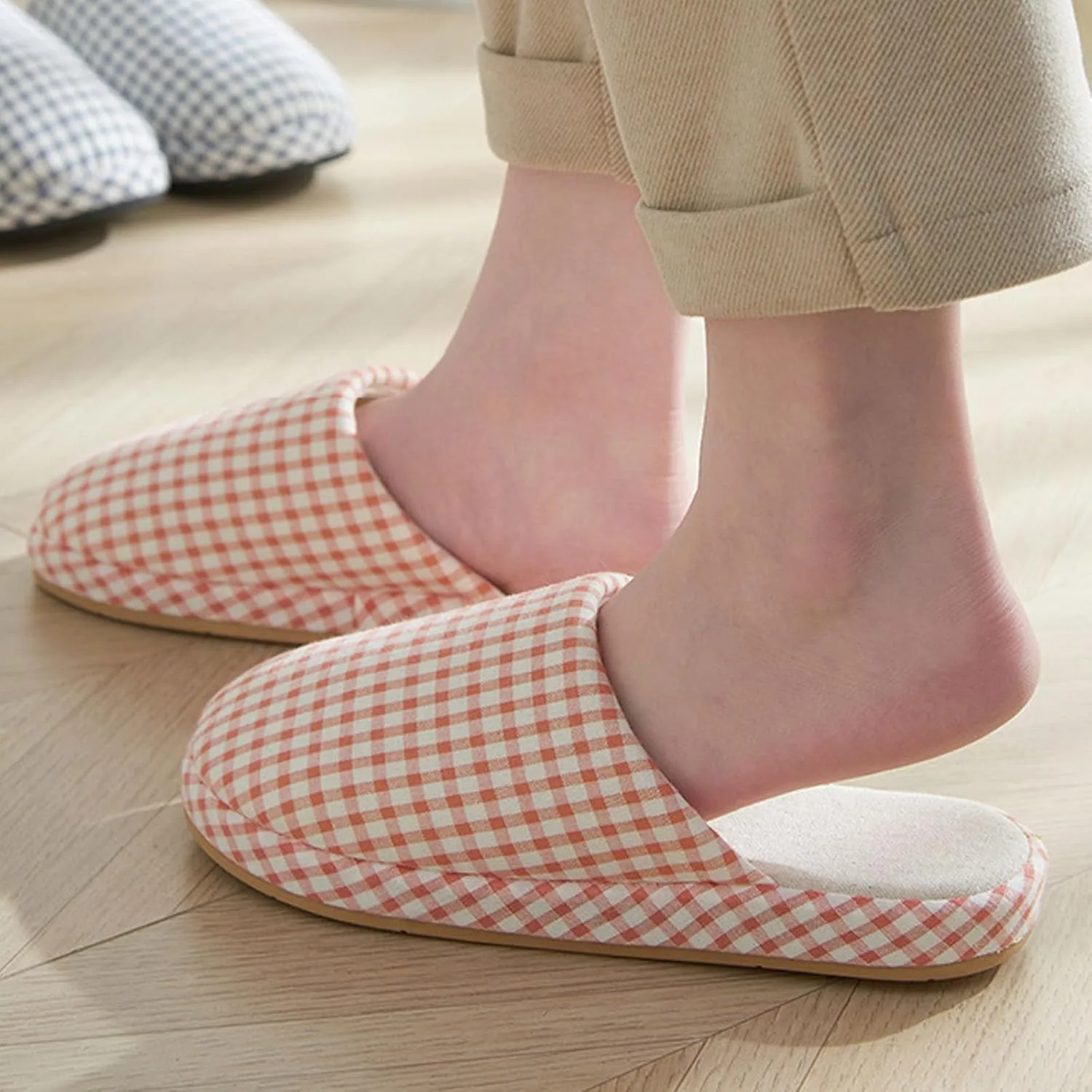 JadeRich Women Men Cotton Memory Foam House Slippers Gingham Plaid Soft Cozy Breathable Non-Slip Checkered Indoor Shoes