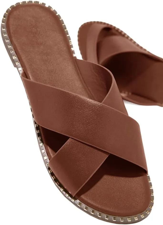Jeimpoey Womens Studded Flat Sandals Open Toe Slip on Mule Slides Crossed Strap Slipper