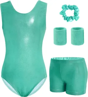 JiAmy Girls Gymnastics Leotards with Shorts & 2 Wristbands Ballet Dance Sparkly Gymnastic Outfit for Kid Size 3-12 Years