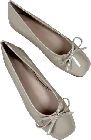 JiangWei Shu Women's Bow Knot Square Toe Ballet Flats Slip On Walking Wedding Soft Shoes