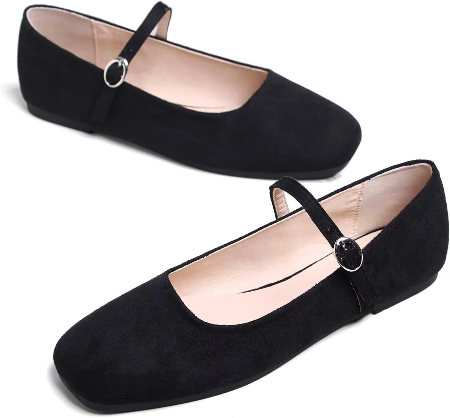 JiangWei Shu Women's Square Toe Ballets Comfortable Flats Soft Velvet Mary Jane Flats Casual Dressy Shoes