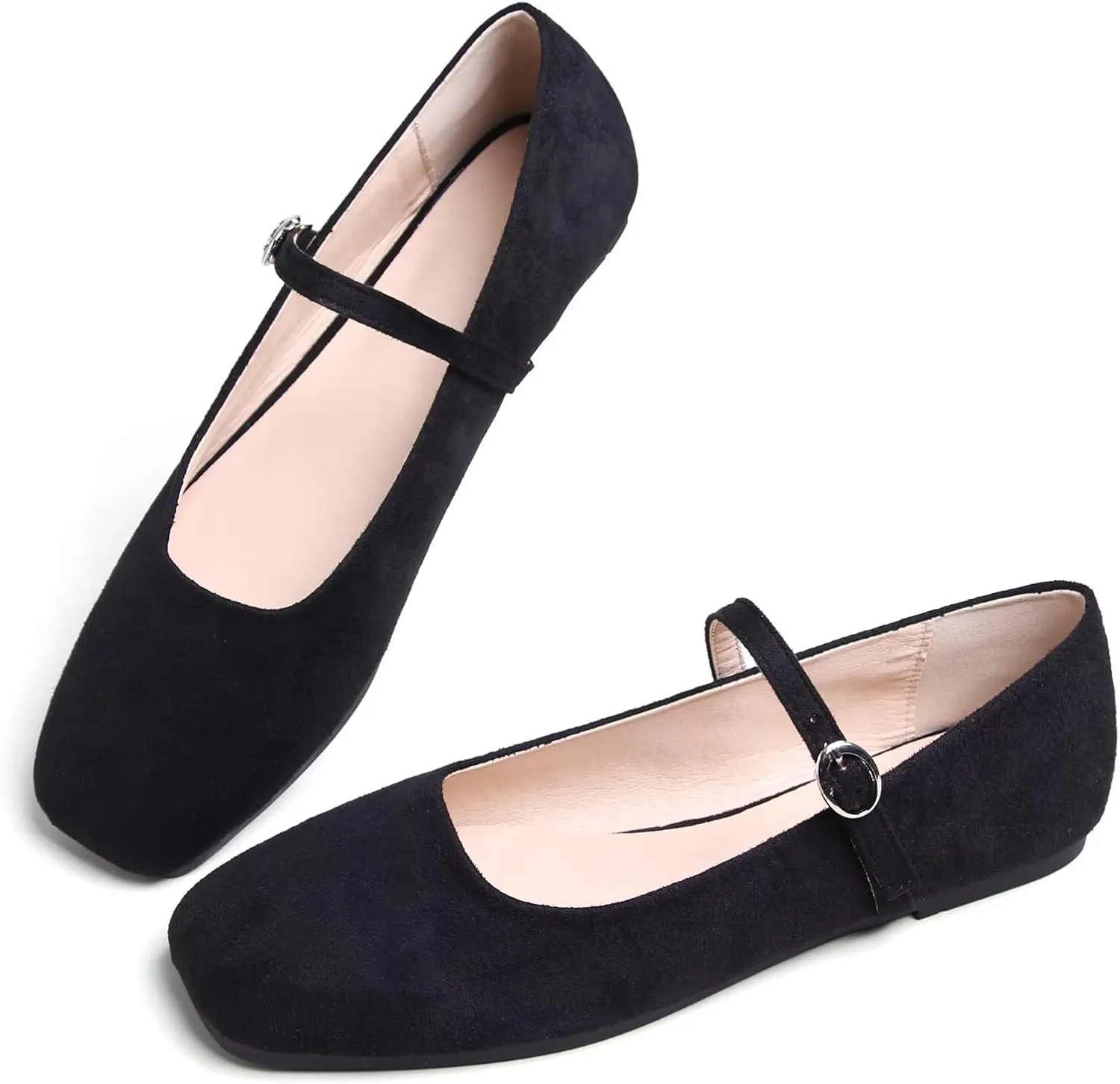 JiangWei Shu Women's Square Toe Ballets Comfortable Flats Soft Velvet Mary Jane Flats Casual Dressy Shoes