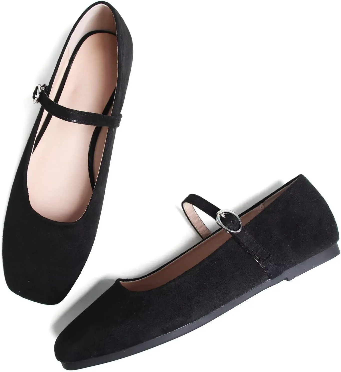 JiangWei Shu Women's Square Toe Ballets Comfortable Flats Soft Velvet Mary Jane Flats Casual Dressy Shoes