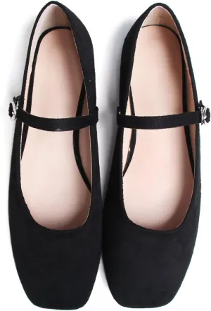 JiangWei Shu Women's Square Toe Ballets Comfortable Flats Soft Velvet Mary Jane Flats Casual Dressy Shoes