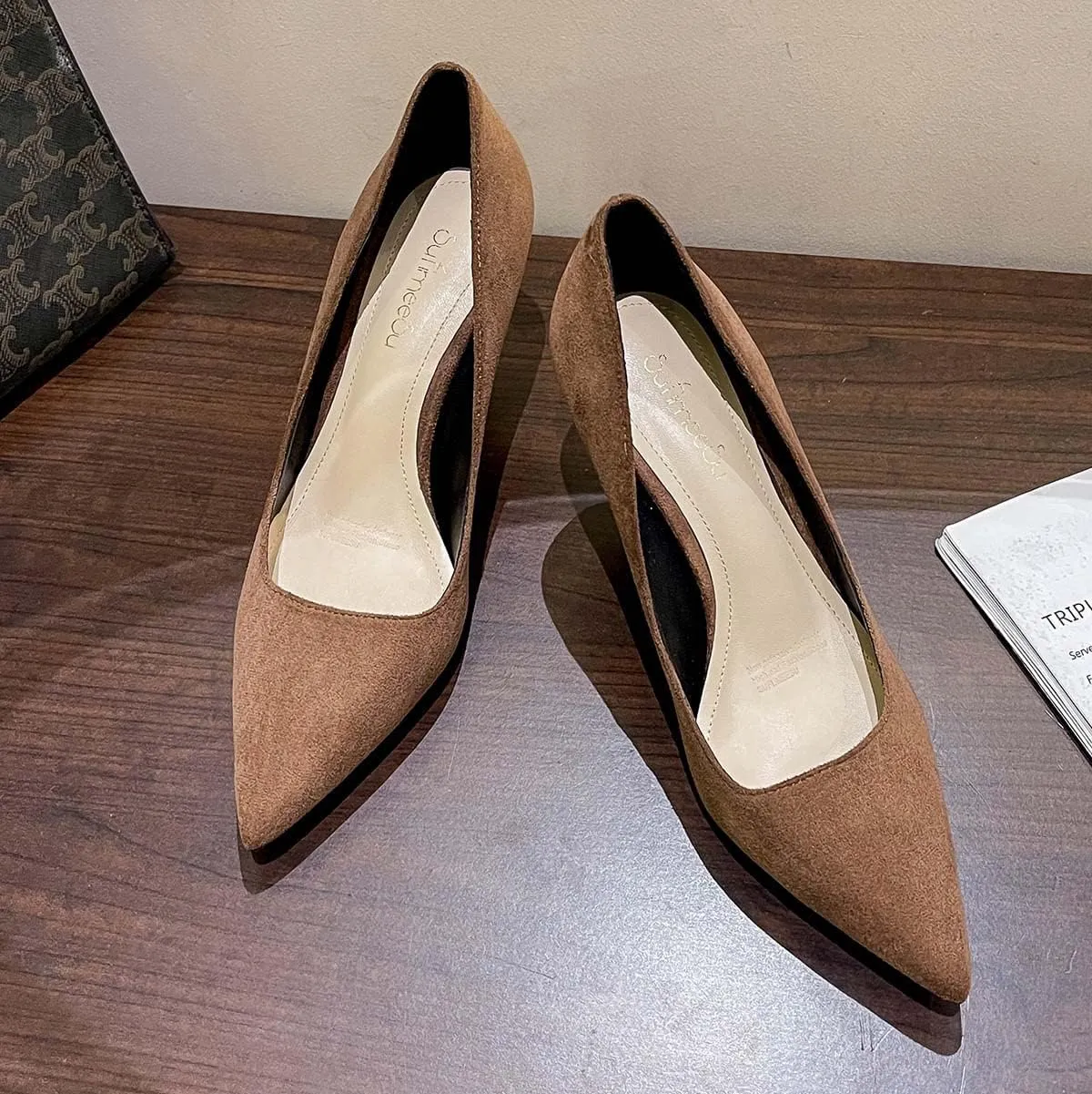 JOEupin Women's Pointed Toe Pumps Classic Suede Shoes Mid Heel Slip On Dress Pumps 3.15 Inch