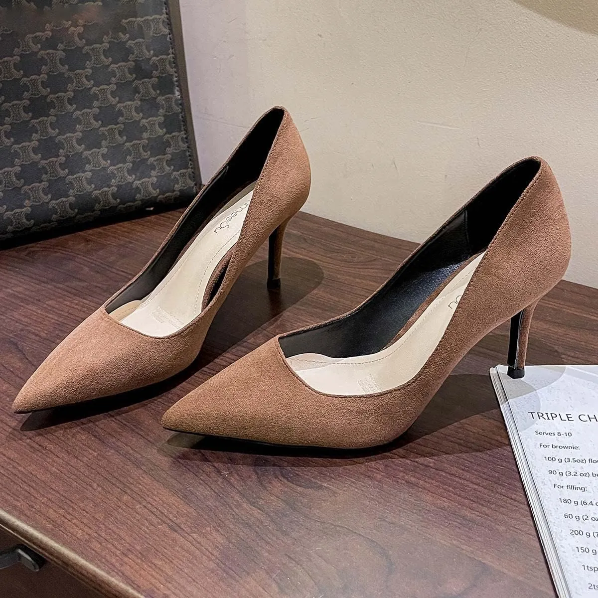 JOEupin Women's Pointed Toe Pumps Classic Suede Shoes Mid Heel Slip On Dress Pumps 3.15 Inch