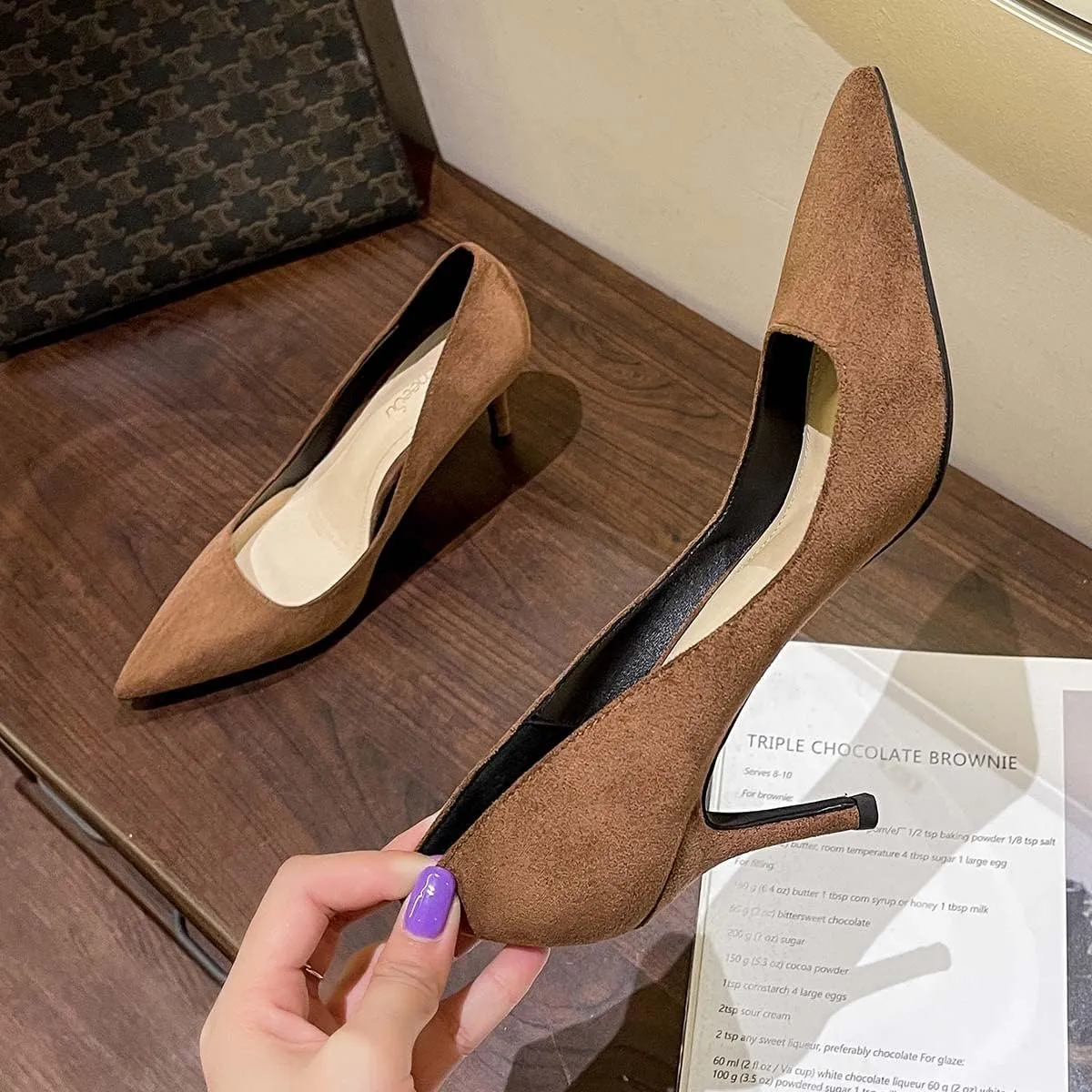 JOEupin Women's Pointed Toe Pumps Classic Suede Shoes Mid Heel Slip On Dress Pumps 3.15 Inch