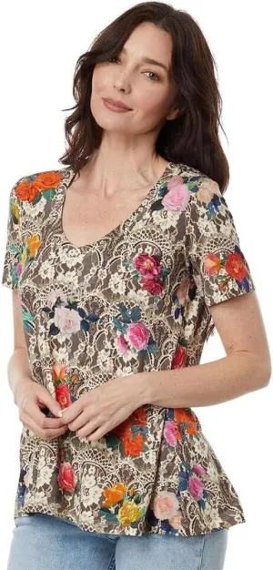Johnny Was Rose Lace Favorite Short Sleeve V-Neck Swing Tee