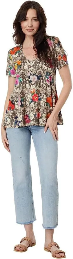 Johnny Was Rose Lace Favorite Short Sleeve V-Neck Swing Tee