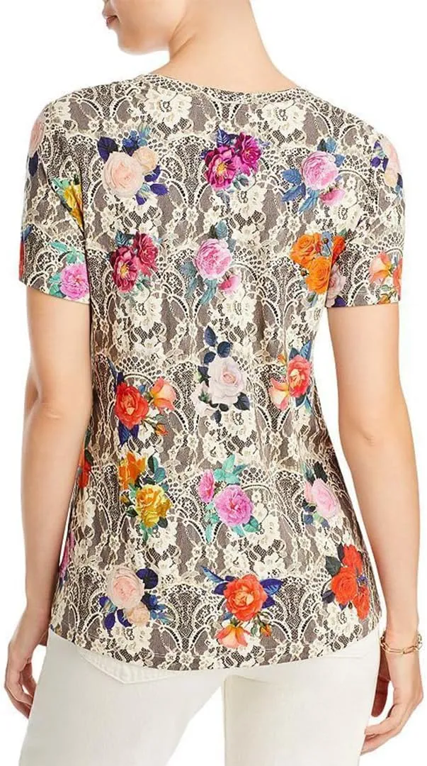Johnny Was Rose Lace Favorite Short Sleeve V-Neck Swing Tee