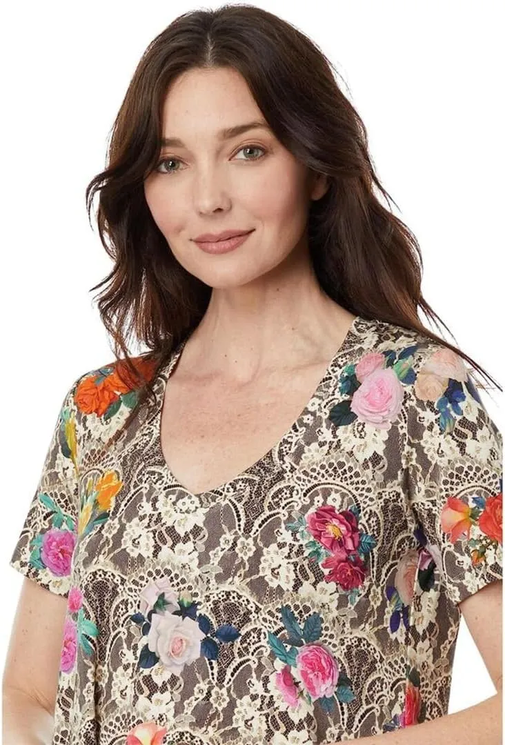 Johnny Was Rose Lace Favorite Short Sleeve V-Neck Swing Tee