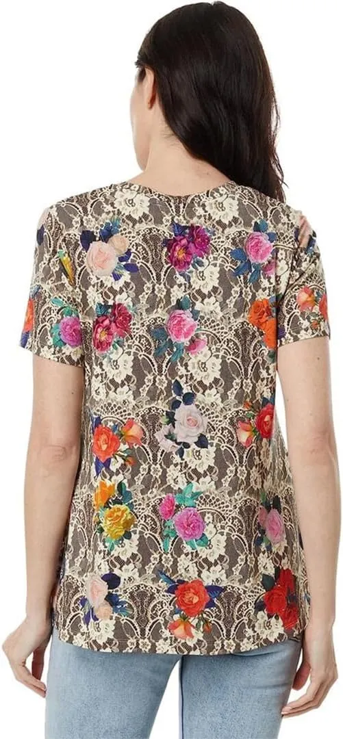 Johnny Was Rose Lace Favorite Short Sleeve V-Neck Swing Tee