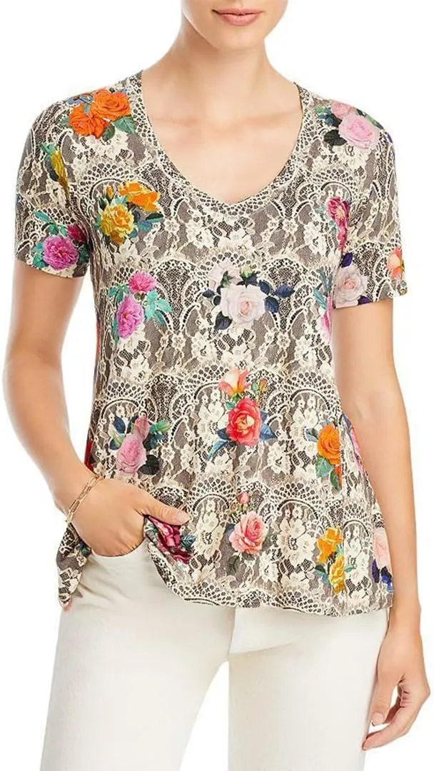 Johnny Was Rose Lace Favorite Short Sleeve V-Neck Swing Tee