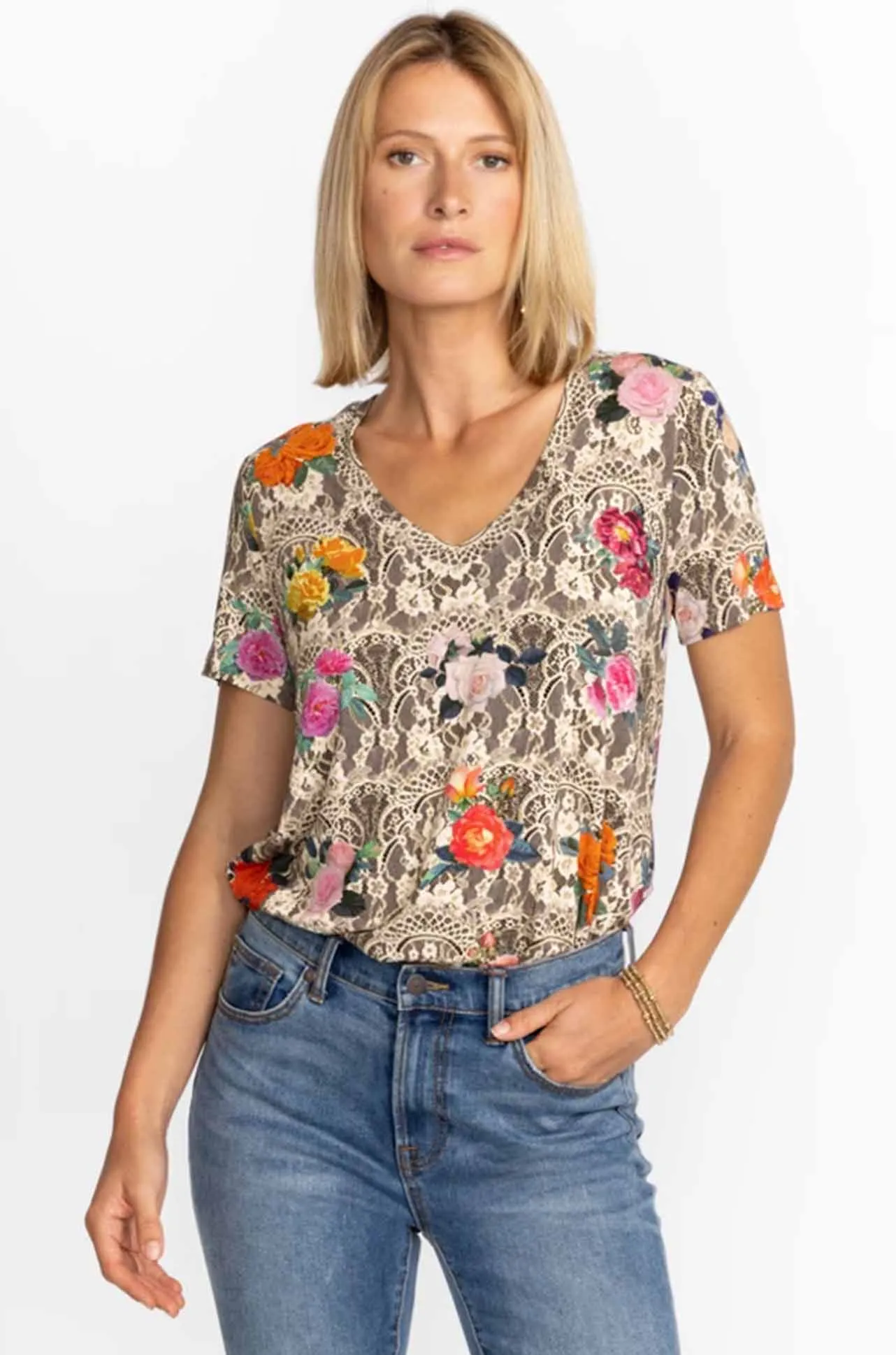 Johnny Was - Rose Lace Favourite S/S V-Neck Swing Tee
