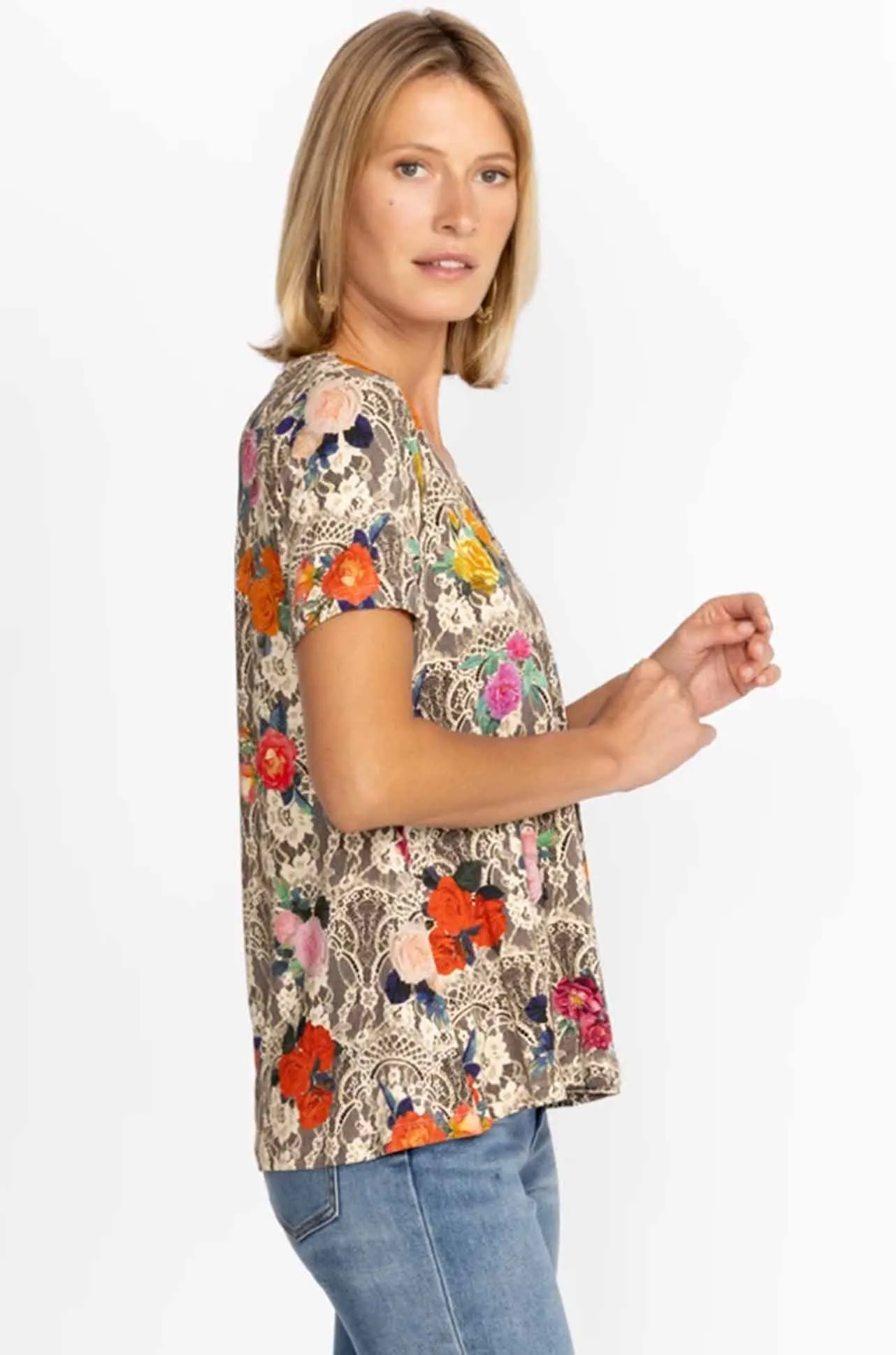 Johnny Was - Rose Lace Favourite S/S V-Neck Swing Tee