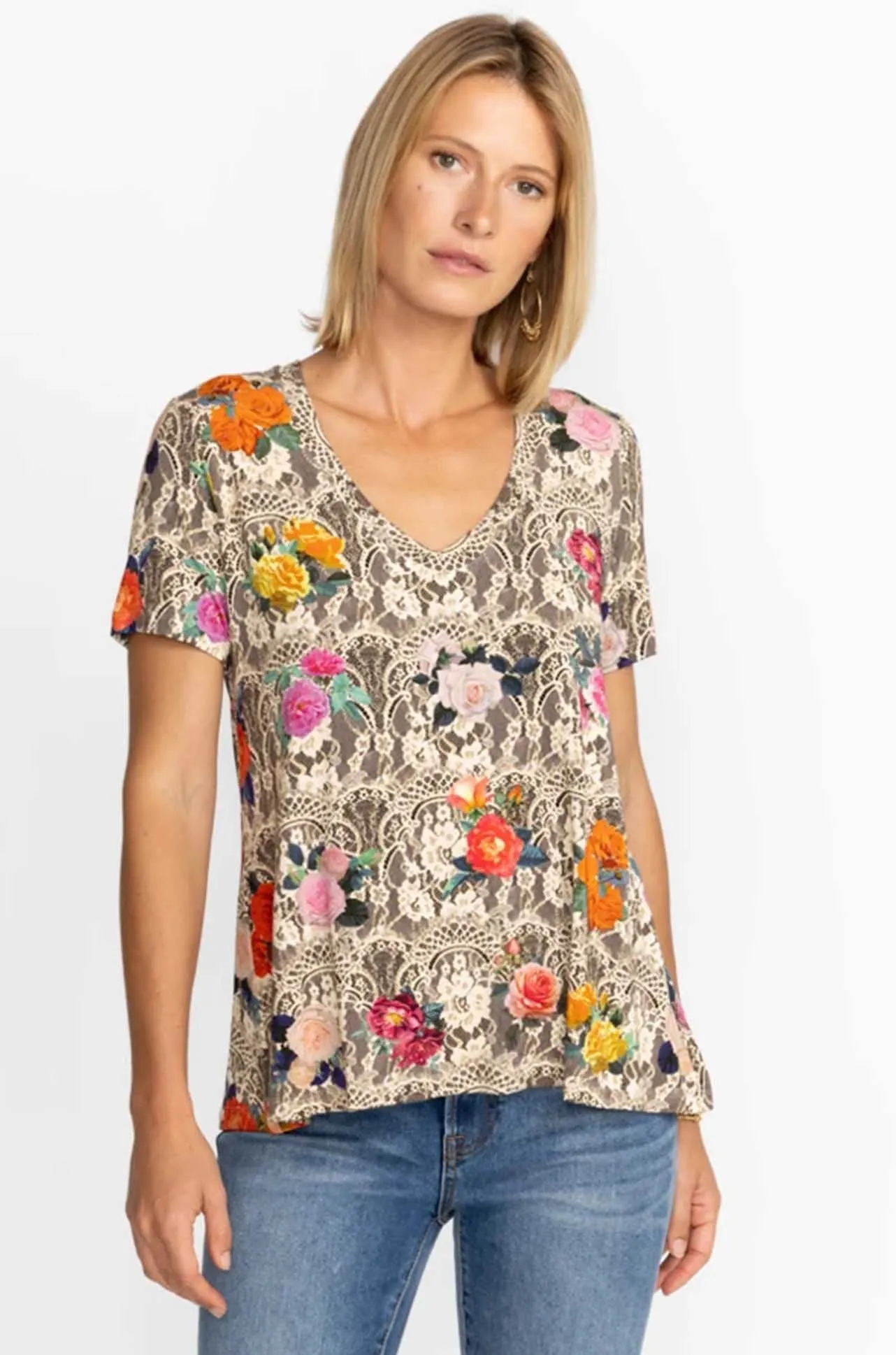 Johnny Was - Rose Lace Favourite S/S V-Neck Swing Tee