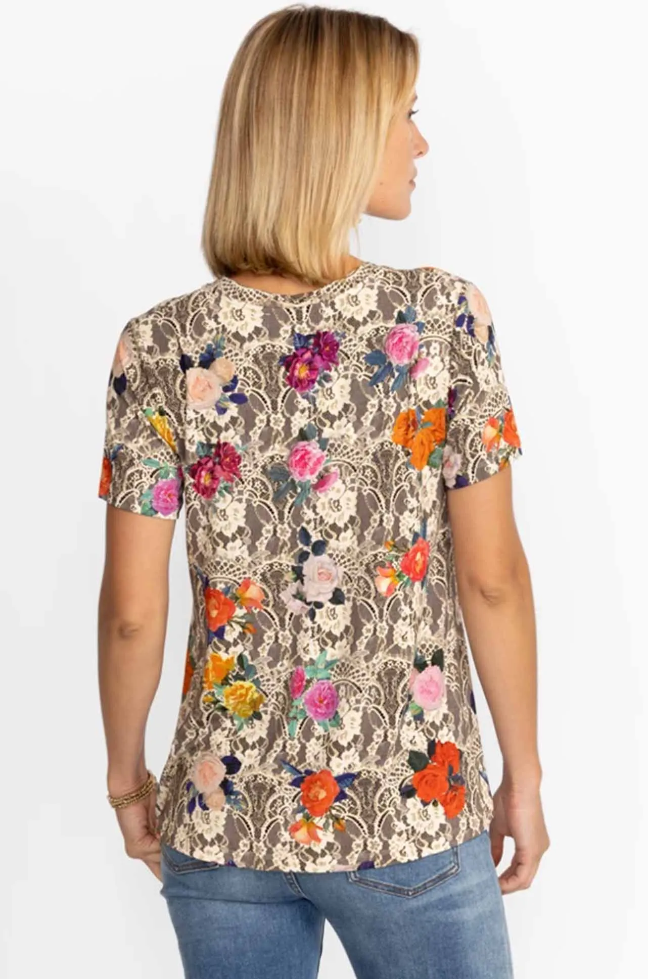 Johnny Was - Rose Lace Favourite S/S V-Neck Swing Tee