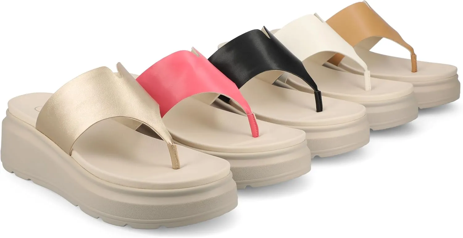 Journee Womens cushioned footbeds Carah wedge flip-flop sandal faux leather slide-on open toe