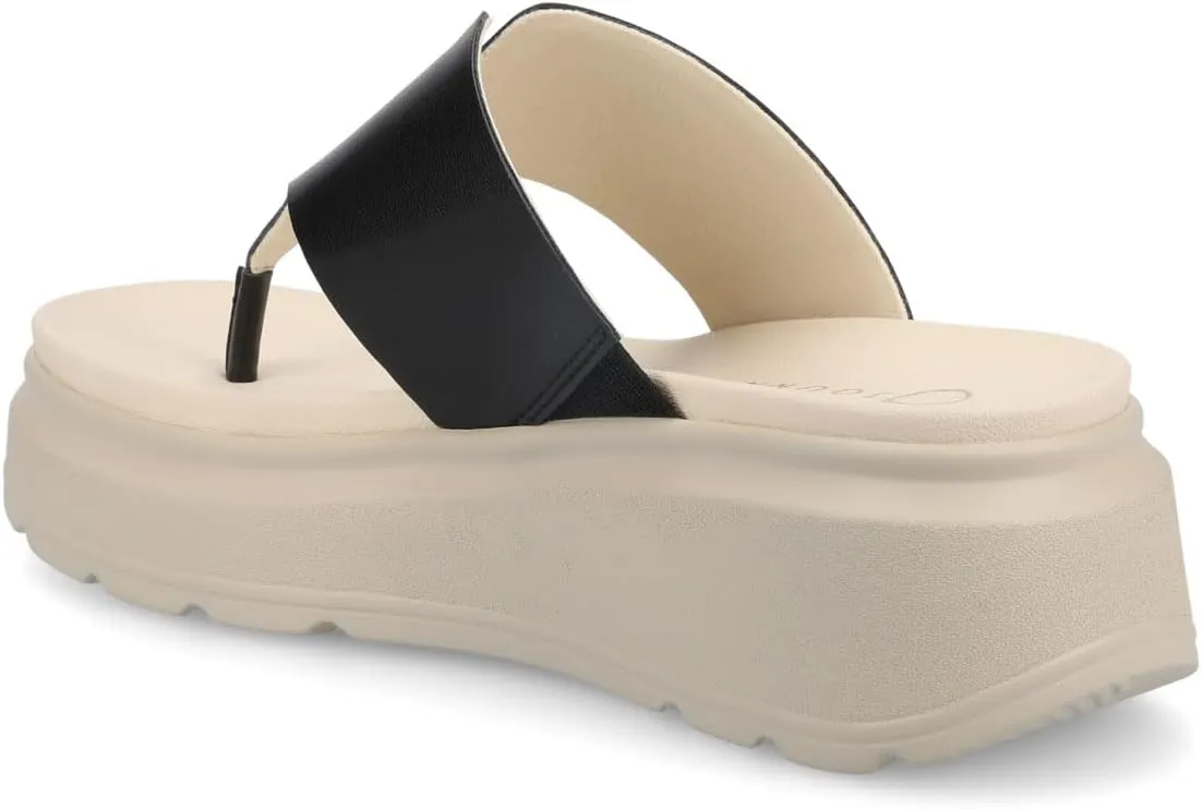 Journee Womens cushioned footbeds Carah wedge flip-flop sandal faux leather slide-on open toe