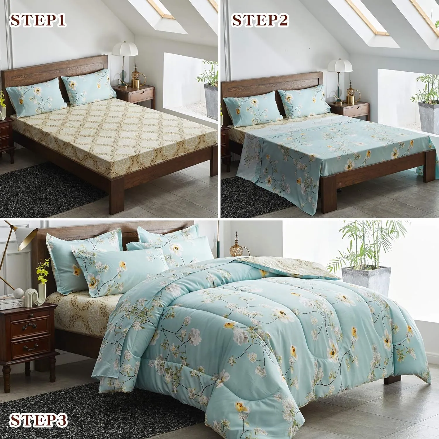 Joyreap 7 Piece Bed in a Bag King, Aqua Floral Elegant Design, Smooth Soft Microfiber Comforter Set (1 Comforter, 2 Pillow Shams, 1 Flat Sheet, 1 Fitted Sheet, 2 Pillowcases)