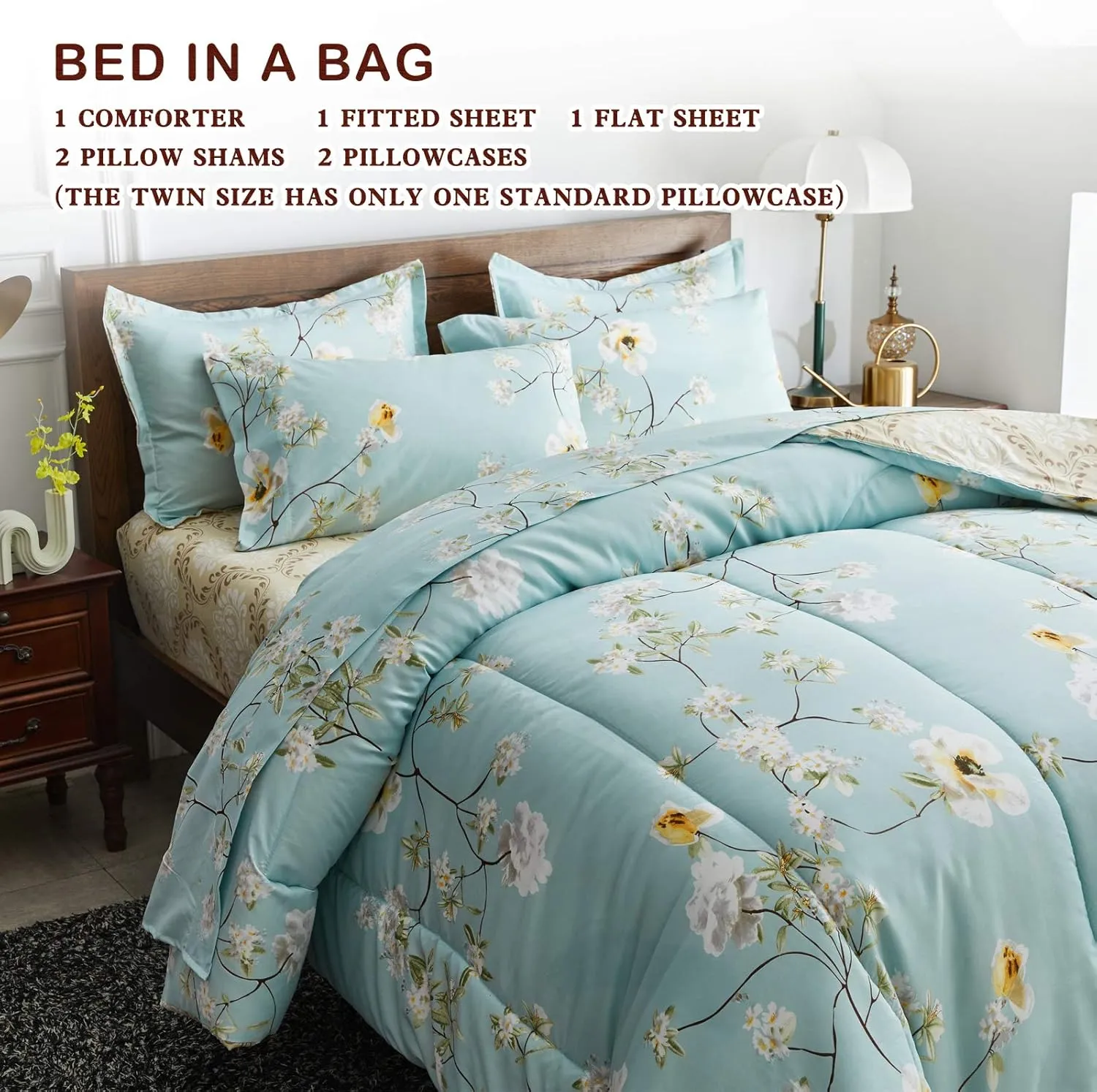 Joyreap 7 Piece Bed in a Bag King, Aqua Floral Elegant Design, Smooth Soft Microfiber Comforter Set (1 Comforter, 2 Pillow Shams, 1 Flat Sheet, 1 Fitted Sheet, 2 Pillowcases)