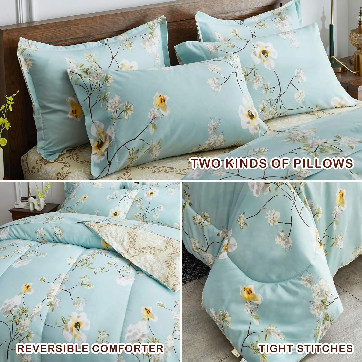 Joyreap 7 Piece Bed in a Bag King, Aqua Floral Elegant Design, Smooth Soft Microfiber Comforter Set (1 Comforter, 2 Pillow Shams, 1 Flat Sheet, 1 Fitted Sheet, 2 Pillowcases)