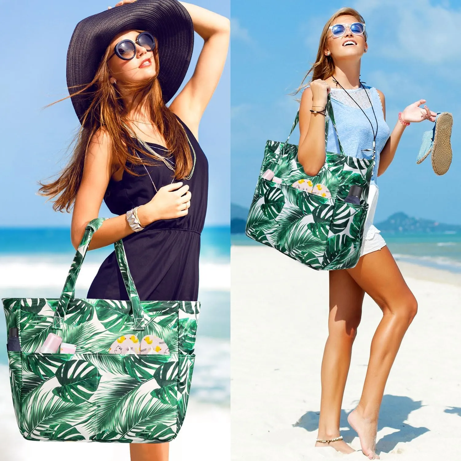 KABAQOO Extra Large Beach Bag Waterproof Sandproof Women Beach Tote with Zipper & Wet Compartment for Pool Gym Grocery Travel