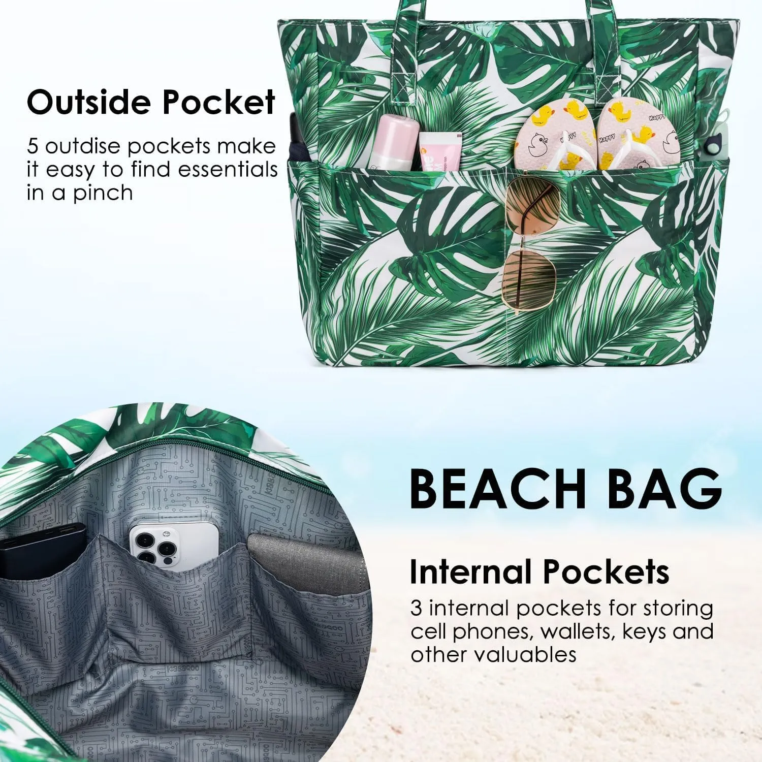 KABAQOO Extra Large Beach Bag Waterproof Sandproof Women Beach Tote with Zipper & Wet Compartment for Pool Gym Grocery Travel