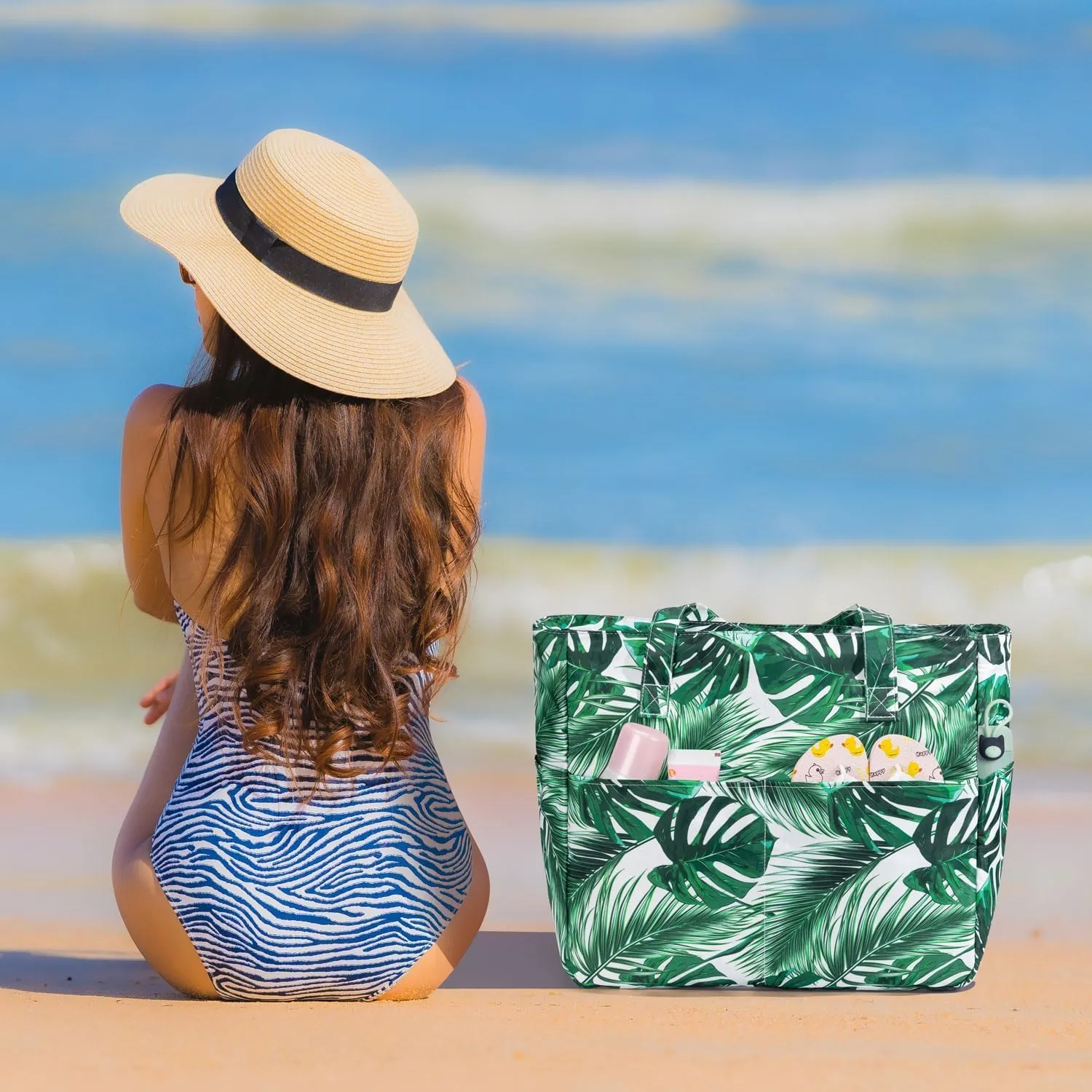 KABAQOO Extra Large Beach Bag Waterproof Sandproof Women Beach Tote with Zipper & Wet Compartment for Pool Gym Grocery Travel