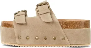 KaroNairy Studded Cork Platform Sandals For Women Slippers Clogs Platform Slip On Sandals Dual Buckled Suede Tan8.5