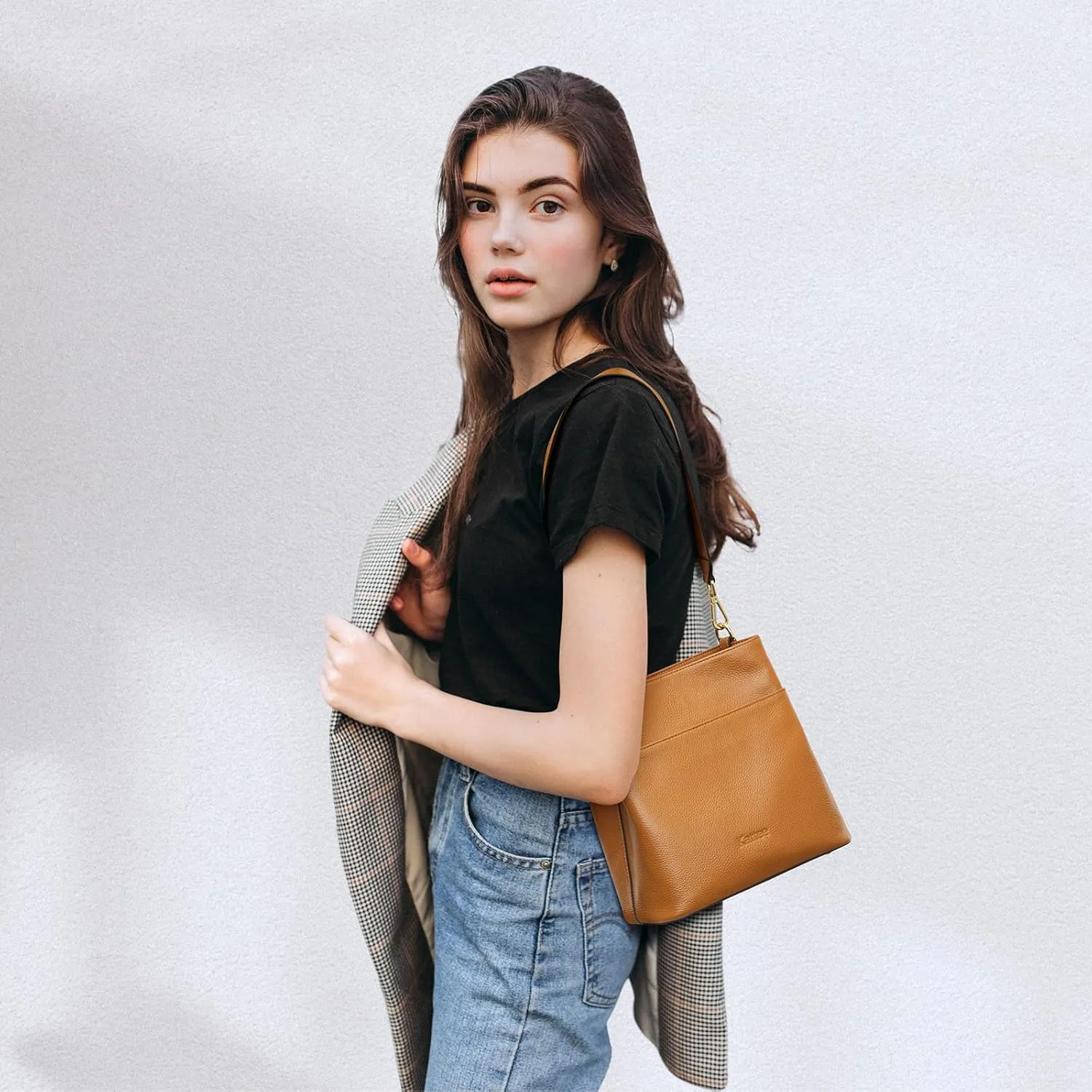 Kattee Leather Handbags for Women, Soft Shoulder Tote Crossbody Purses Bucket Bags with 2 Straps