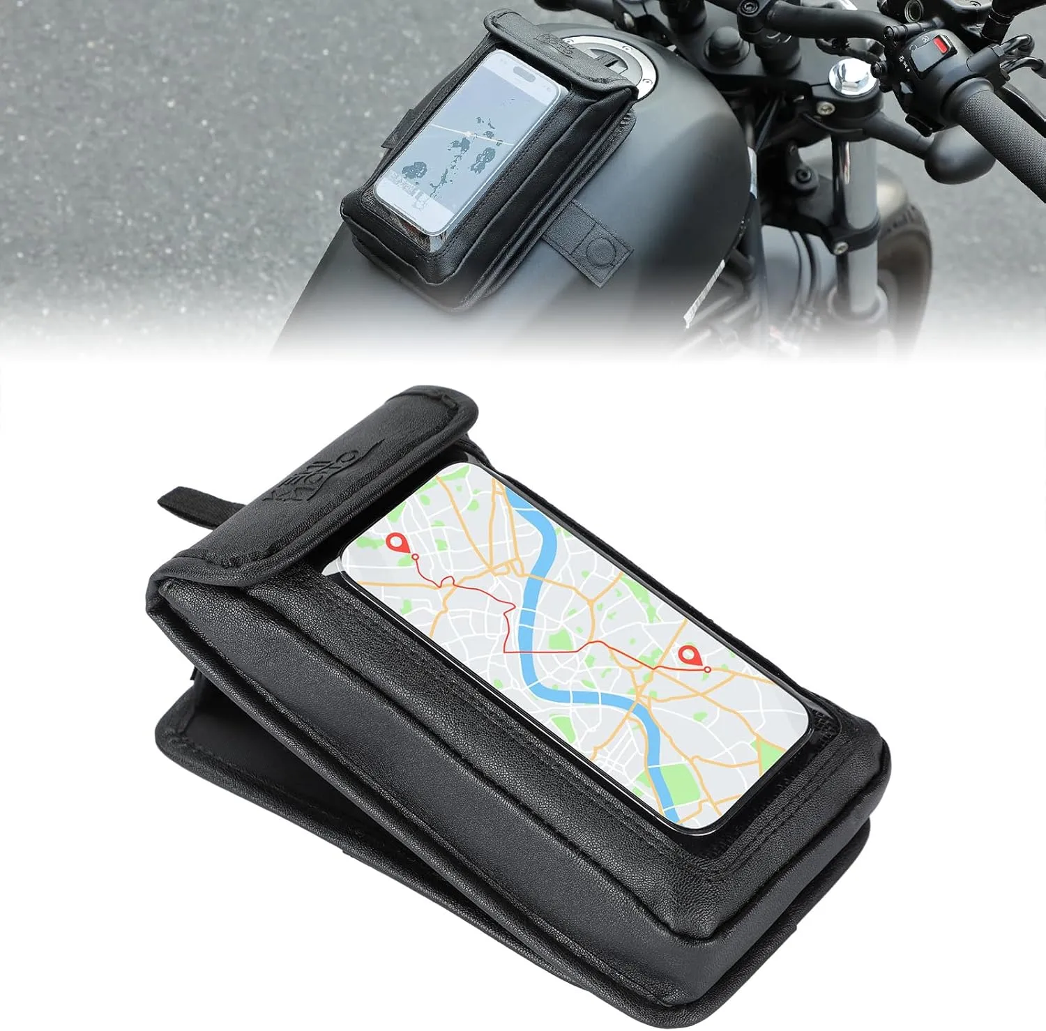 KEMIMOTO Universal Motorcycle Phone Holder, PU Leather Water-Resistant Magnetic Tank Bag, Breathable Adjustable Case for Touch Screens up to 6.9 Inch