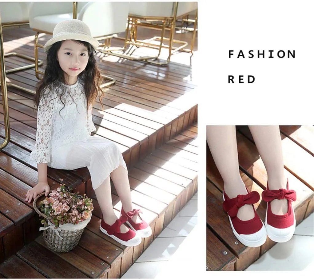 Kid Girls Bowknot Canvas Shoes Soft Sole Ballet Dancing Shoes Mary Jane Flat Sneakers for Toddler Sneakers School Uniform Dress Shoe