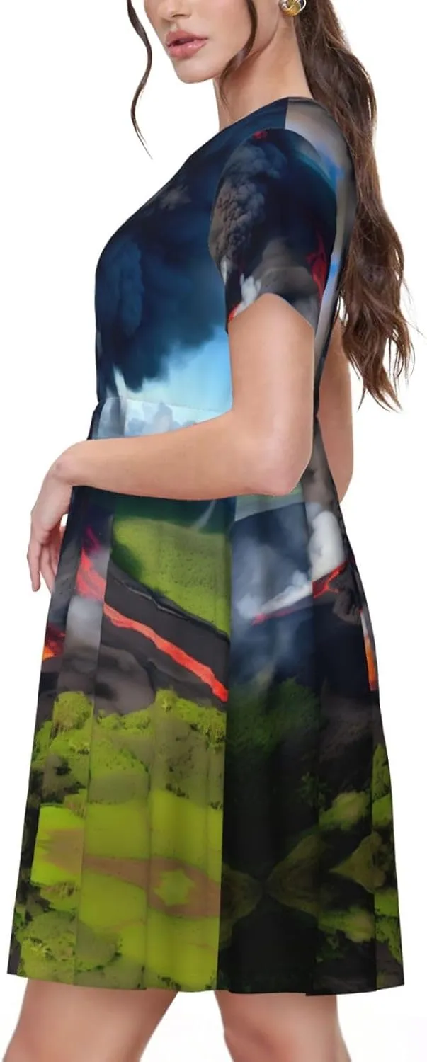 Kilauea Volcano Bloom Print Women's Summer Casual Loose Short Sleeve Dress Beach Travel Vacation Outfits