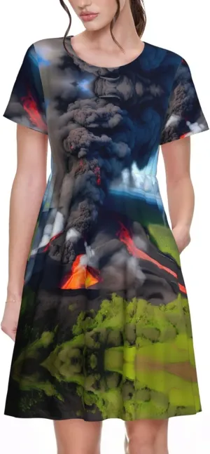 Kilauea Volcano Bloom Print Women's Summer Casual Loose Short Sleeve Dress Beach Travel Vacation Outfits