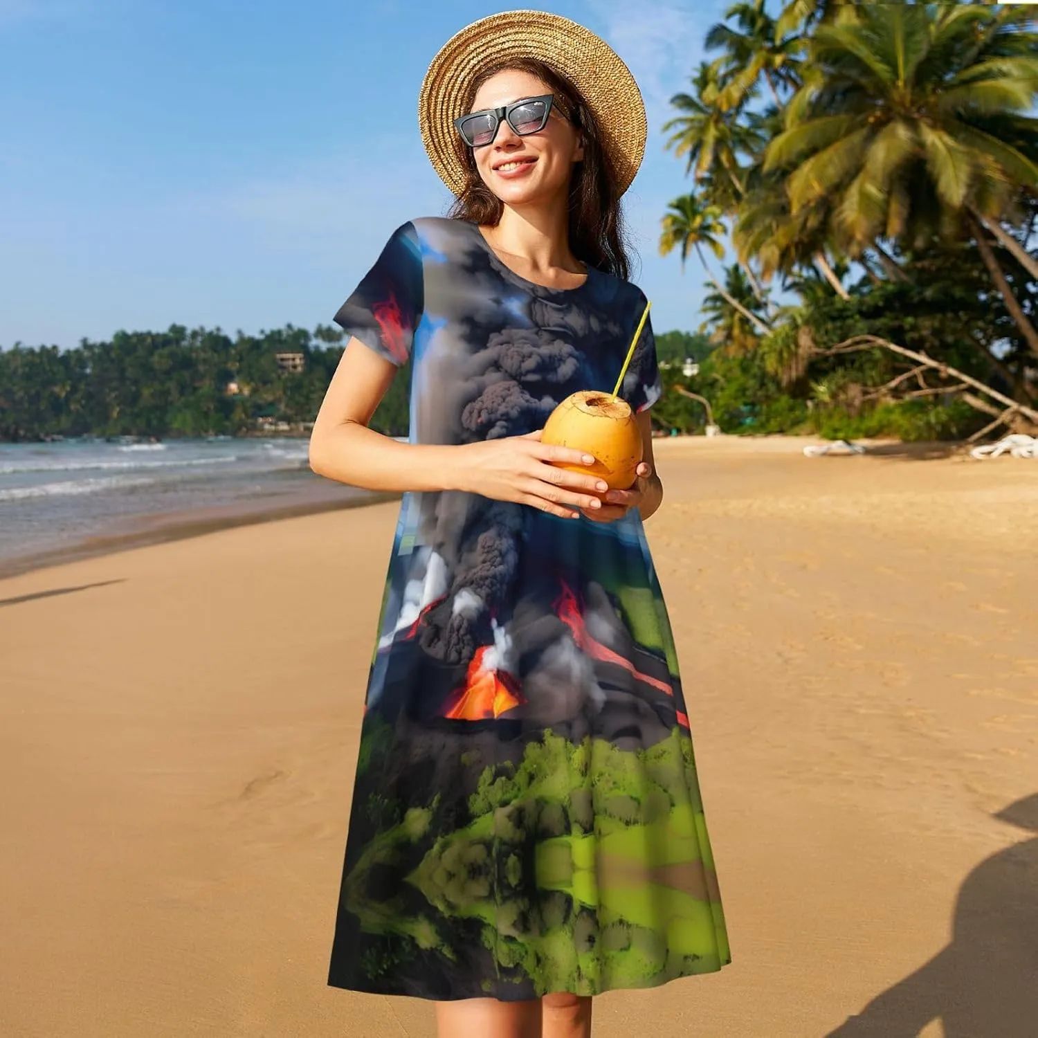 Kilauea Volcano Bloom Print Women's Summer Casual Loose Short Sleeve Dress Beach Travel Vacation Outfits