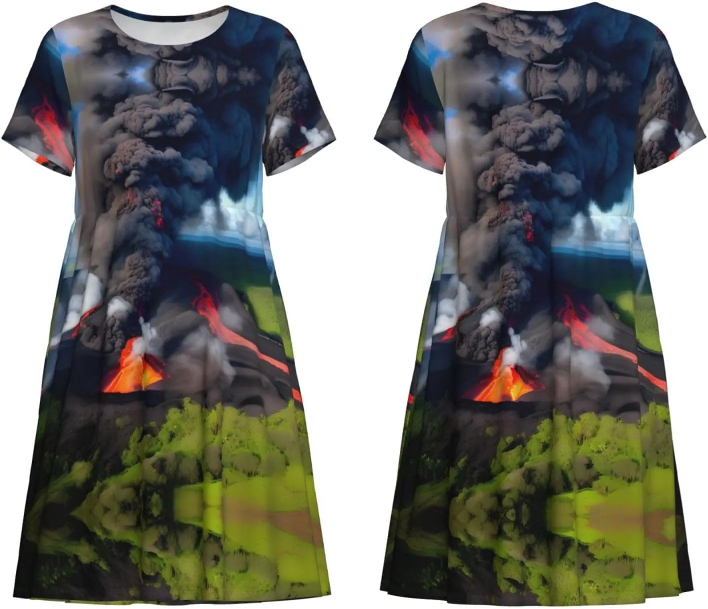 Kilauea Volcano Bloom Print Women's Summer Casual Loose Short Sleeve Dress Beach Travel Vacation Outfits