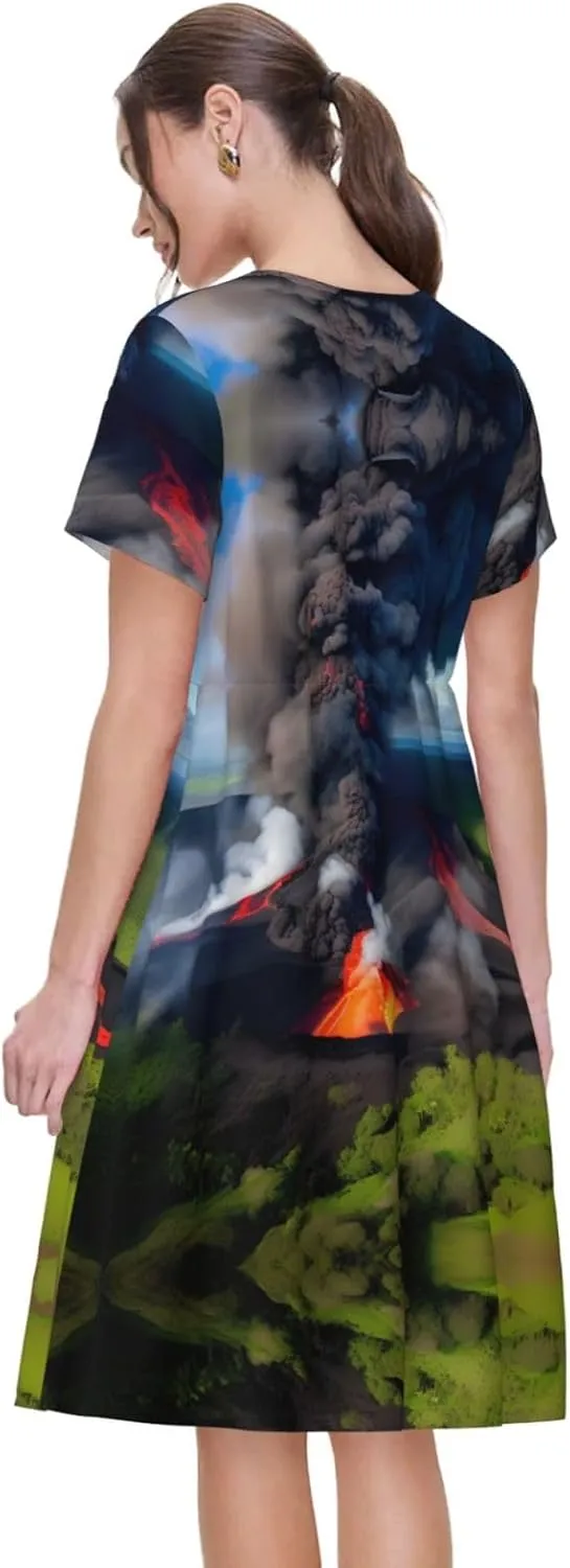 Kilauea Volcano Bloom Print Women's Summer Casual Loose Short Sleeve Dress Beach Travel Vacation Outfits
