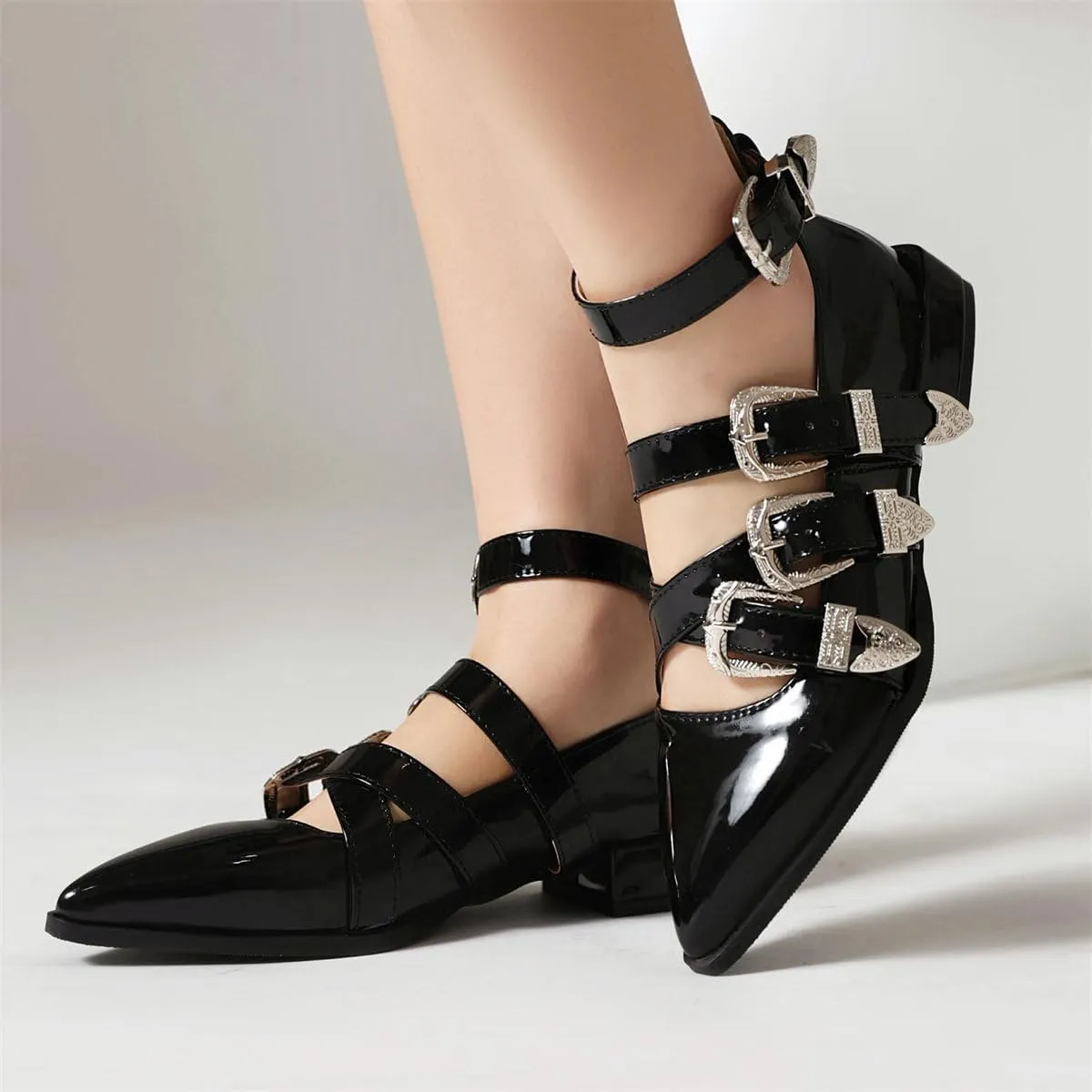 KISSASA Buckle Ballet Flats Pointed Toe Patent Leather Flats with Straps