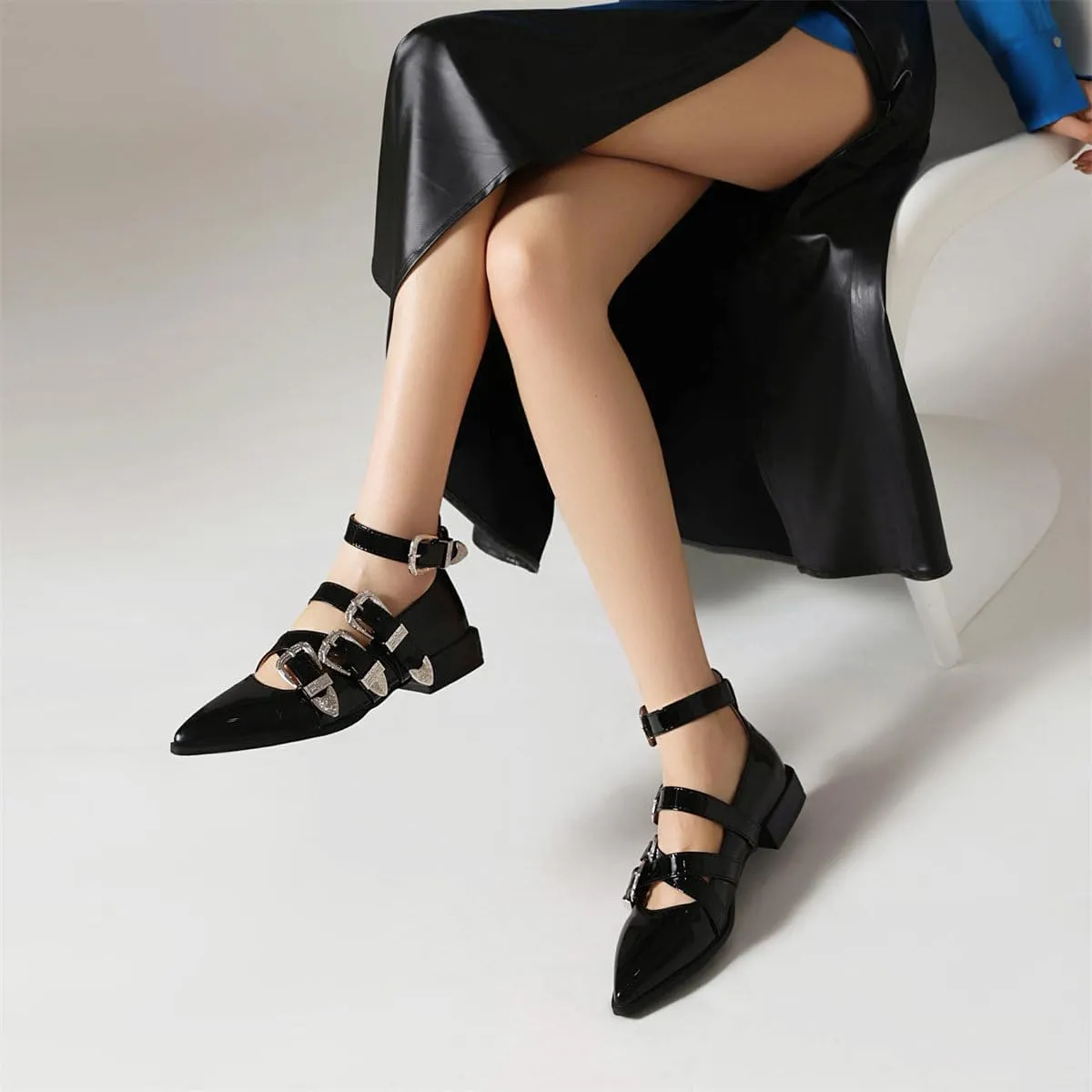 KISSASA Buckle Ballet Flats Pointed Toe Patent Leather Flats with Straps