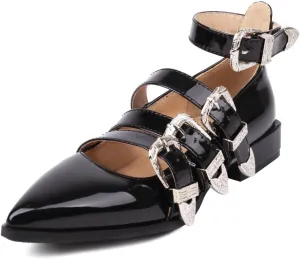 KISSASA Buckle Ballet Flats Pointed Toe Patent Leather Flats with Straps