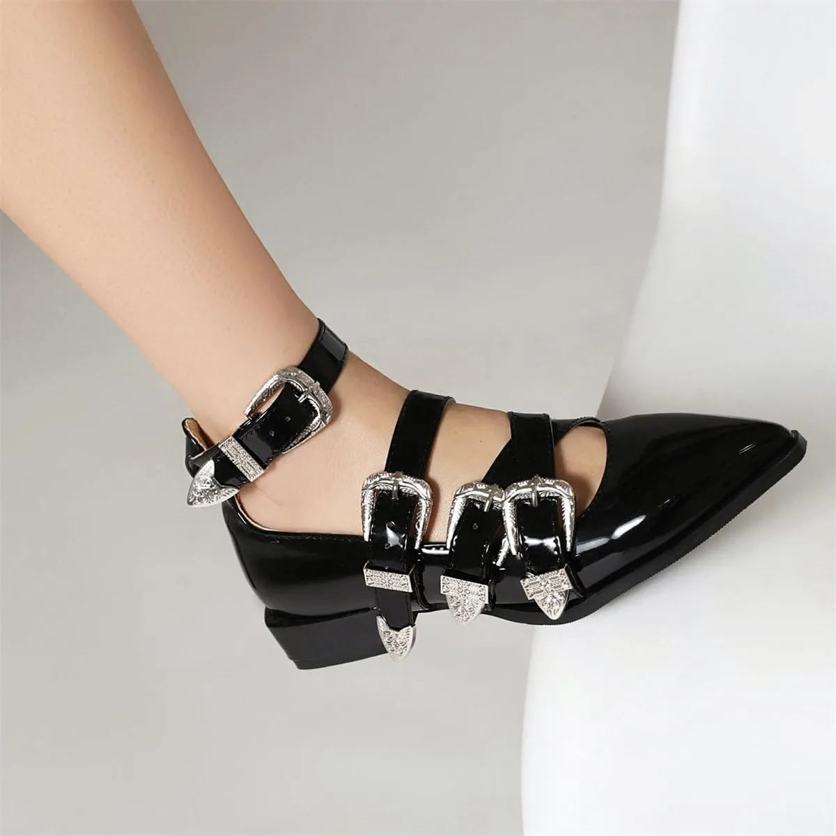 KISSASA Buckle Ballet Flats Pointed Toe Patent Leather Flats with Straps