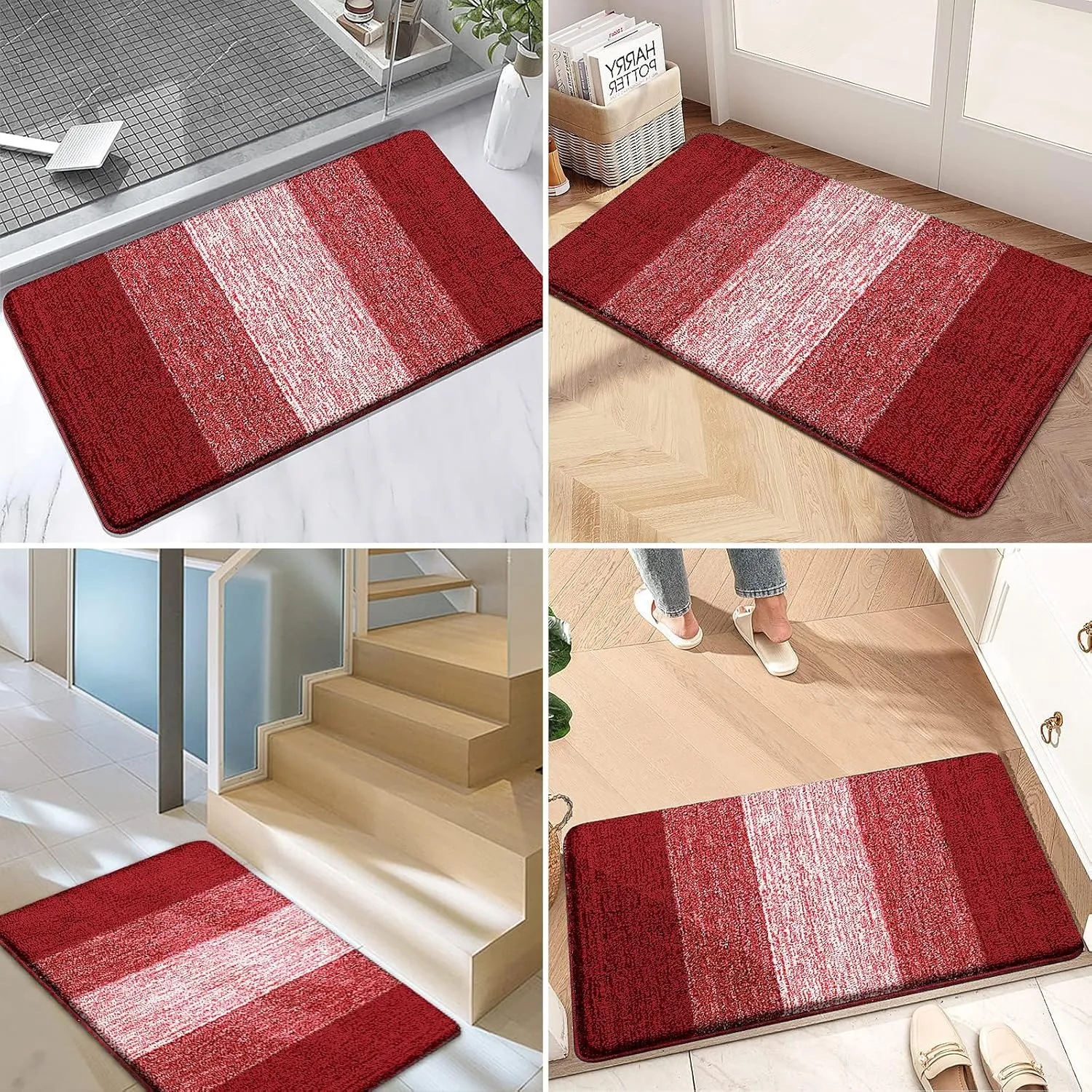 Kitinjoy Indoor Outdoor Door Mat, 32x20 Non-Slip Absorbent Dirt Trapper, Low-Profile Washable Inside Entrance Front Floor Mat, Sturdy Soft Entry Doormats for Entryway, Burgundy