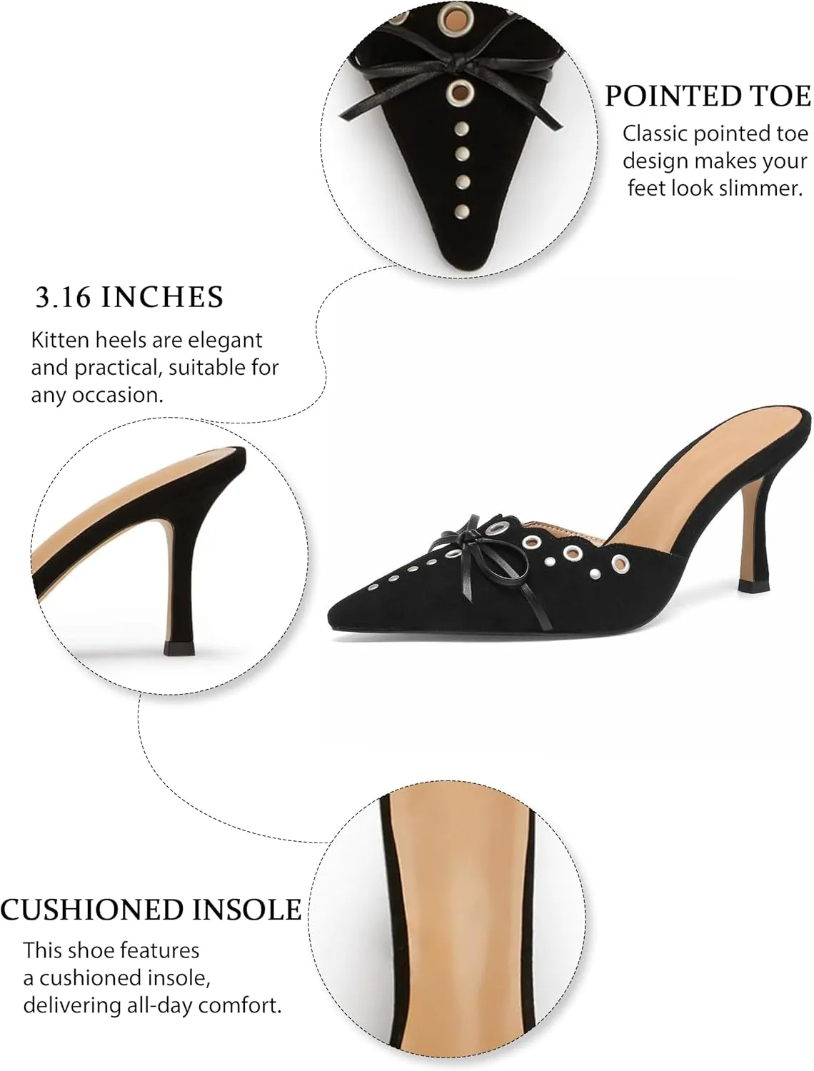 Kitten Heels for Women Pointed Toe Heels Studded Slip On Bow Heels Mules Faux Suede Sandals Kitten Heel Pumps