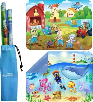 Klean Kids [2 Pack] Silicone Placemat for Toddlers (Sealife and Farm) - Non Slip 2-Pack with Travel Bag - Sealife/Farm - Alternative to Suction Plates for Babies - Essential Baby Feeding