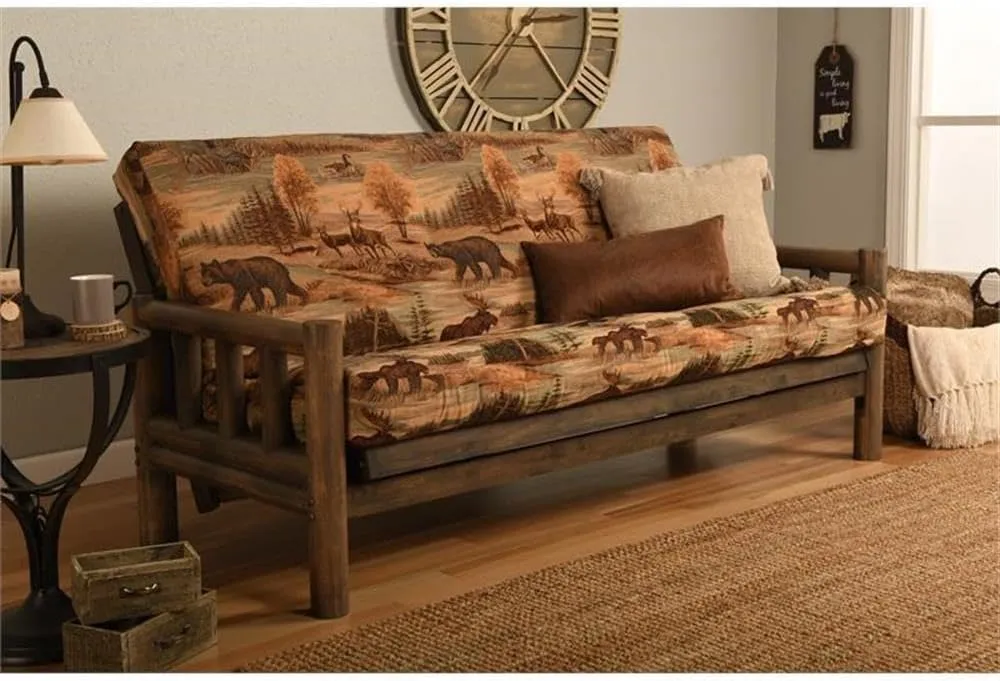 Kodiak Furniture 75" Traditional Full-Size Fabric Futon Mattress with Coil Hinged Innerspring Unit, Foam Construction, Tufted Cover, in Canadian Brown & Blue Print Finish - Frame not Included